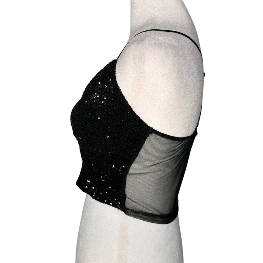 Vintage Y2K Glamazon Black Sequin V-Neck Crop Cami Top. Size S. Nightclub glam